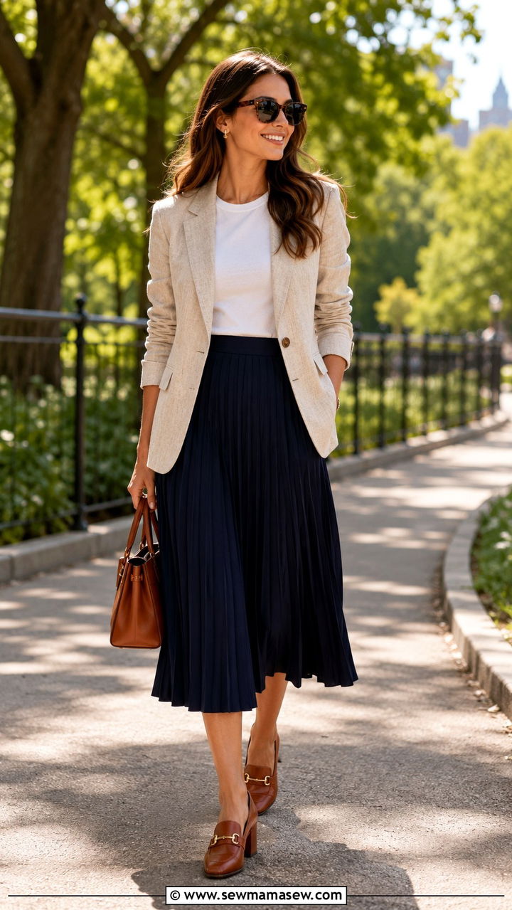 Linen Blazer With Pleated Midi Skirt And Heeled Loafers - 30 Linen blazer outfit ideas with heels