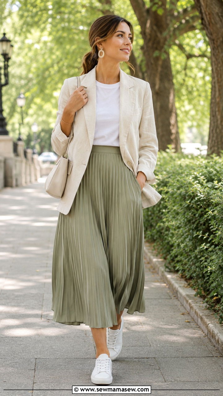 Linen Blazer With Pleated Midi Skirt Outfit - 30 Linen blazer outfit ideas with a skirt