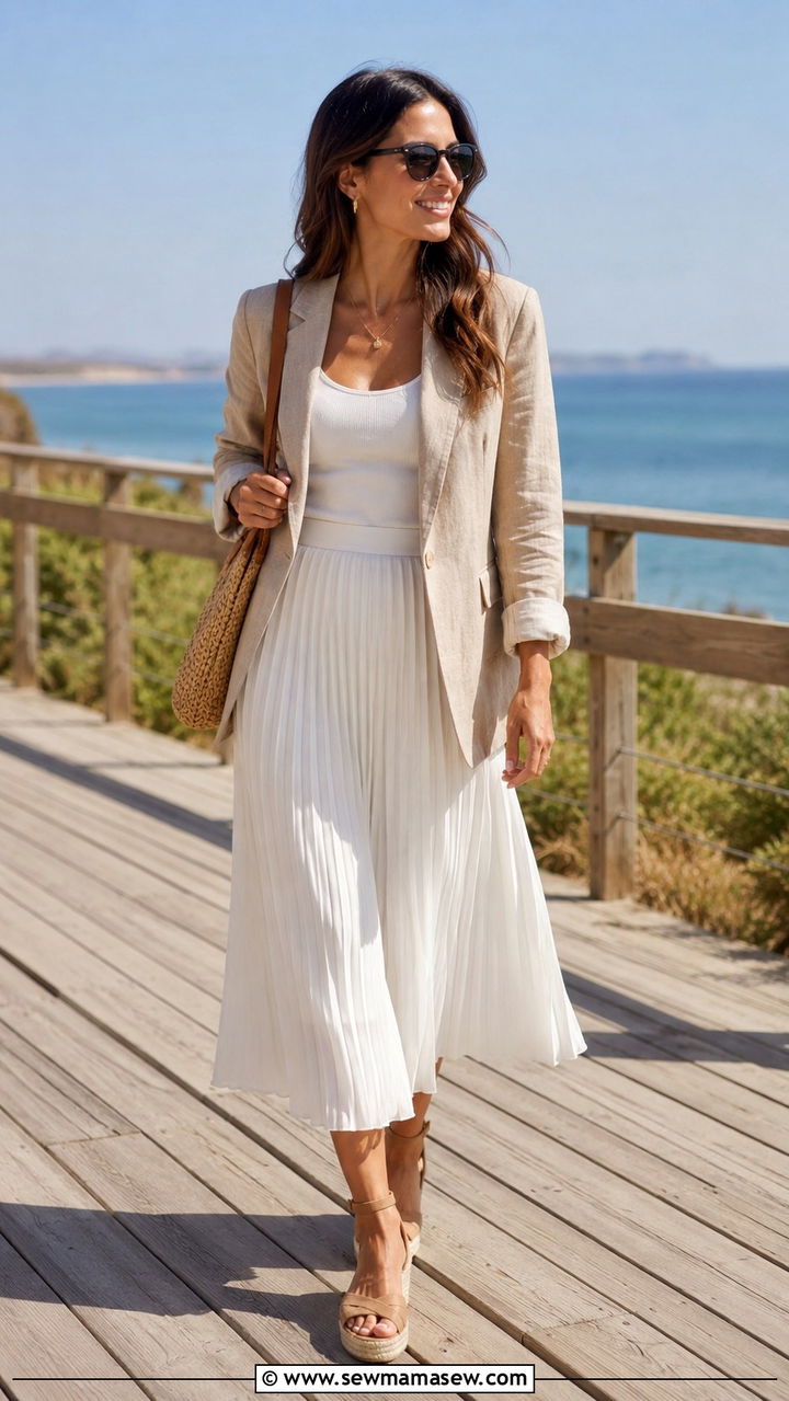 Linen Blazer With Pleated Skirt And Espadrilles - 30 Pleated skirt outfit ideas with a blazer