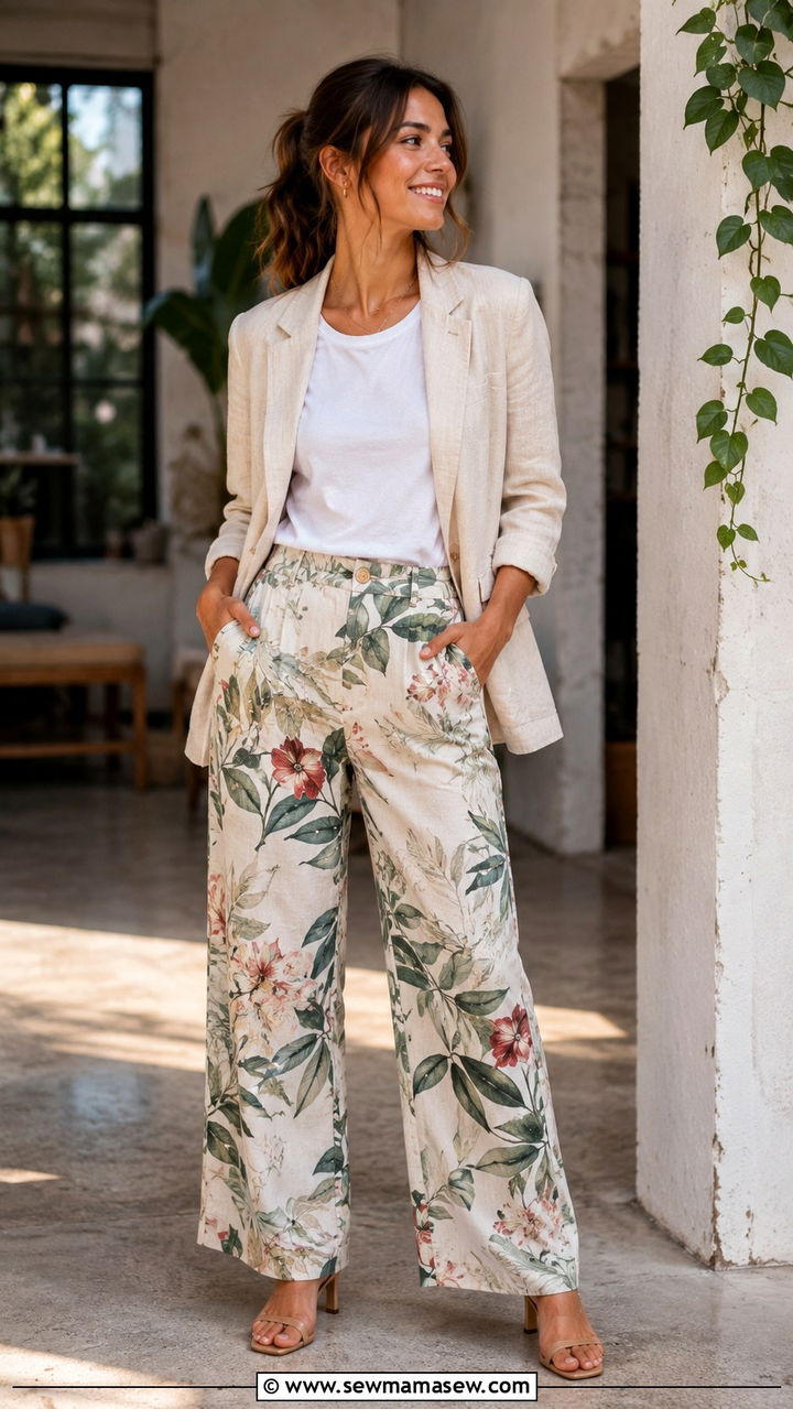 Linen Blazer With Printed Trousers And Heeled Sandals - 30 Linen blazer outfit ideas with heels