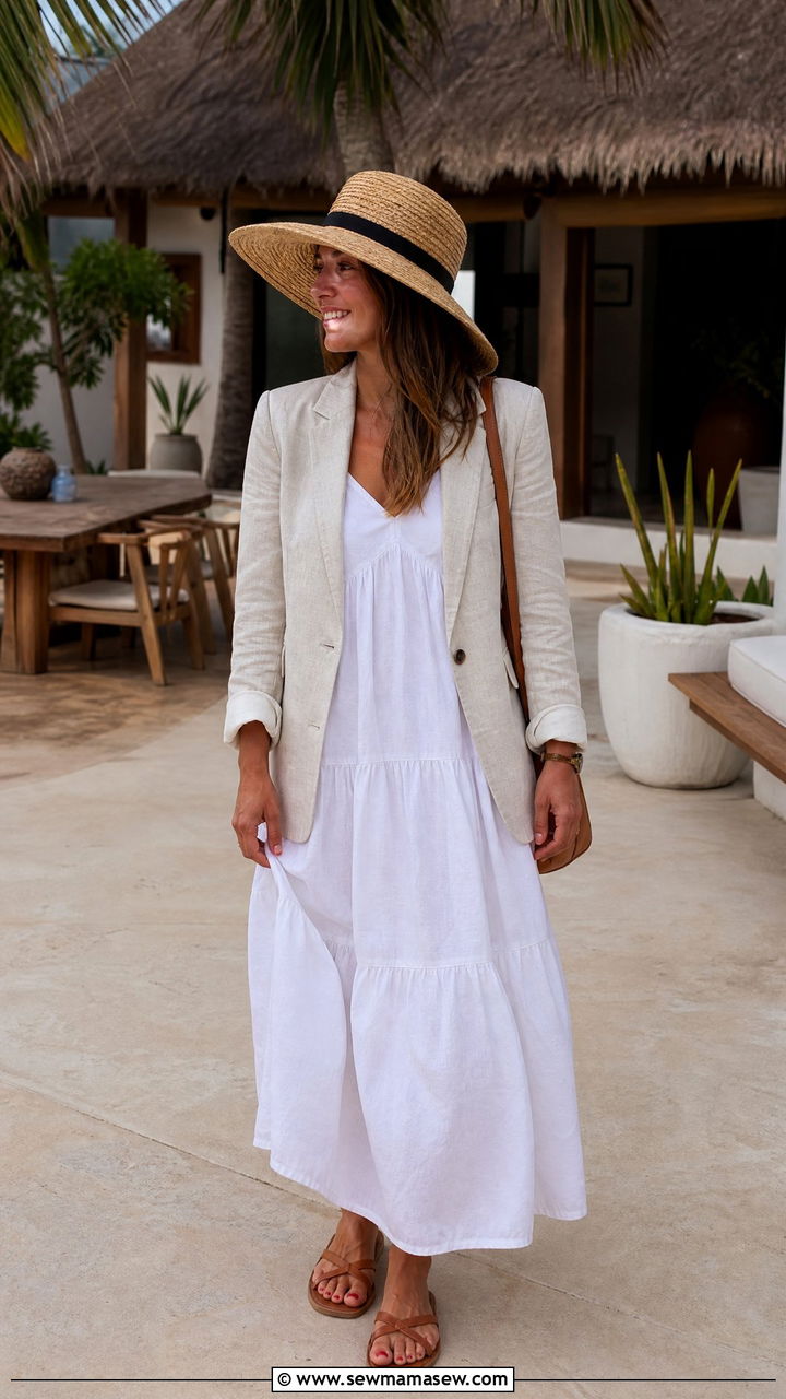 Linen Blazer With Tiered Cotton Maxi Dress And Flat Sandals - 30 Maxi dress outfit ideas with a blazer
