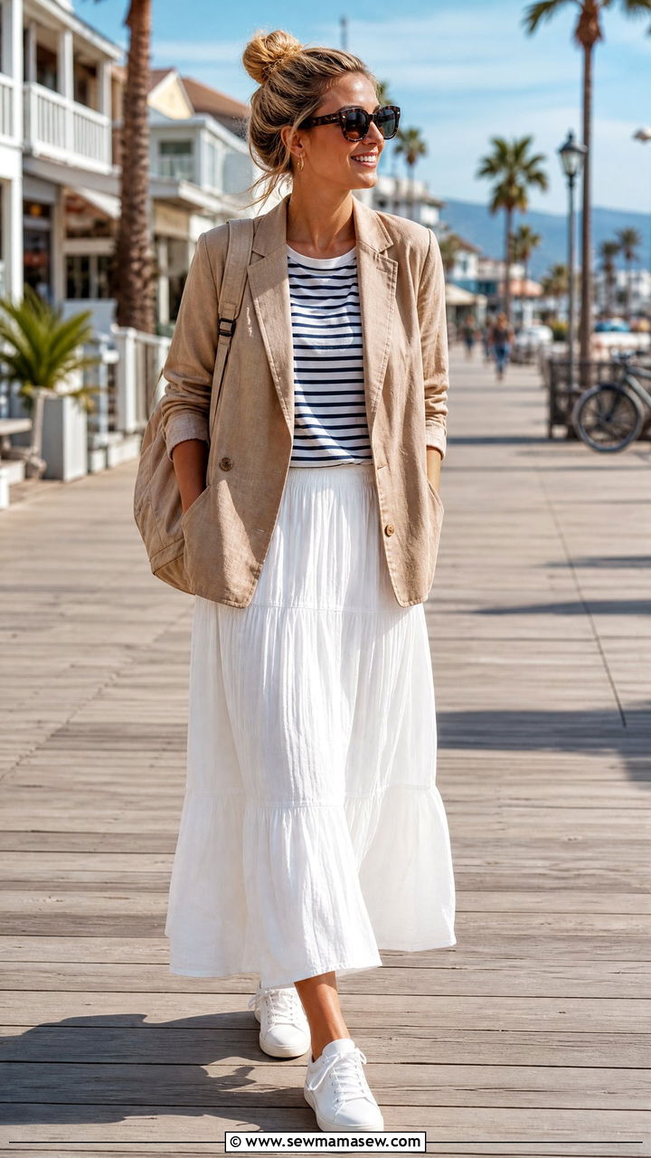 Linen Blazer With Tiered Cotton Maxi Skirt And Sneakers Outfit - 30 Linen blazer outfit ideas with a skirt