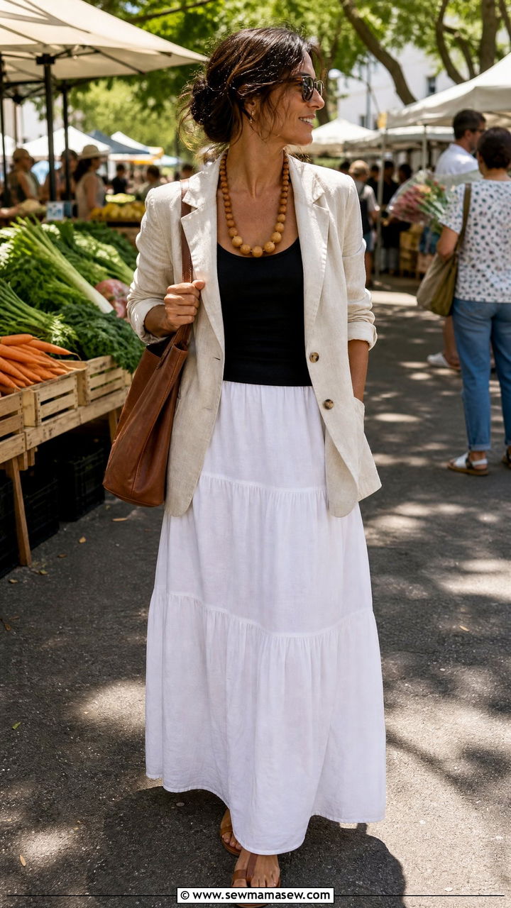 Linen Blazer With Tiered Maxi Skirt Outfit - 30 Linen blazer outfit ideas with a skirt