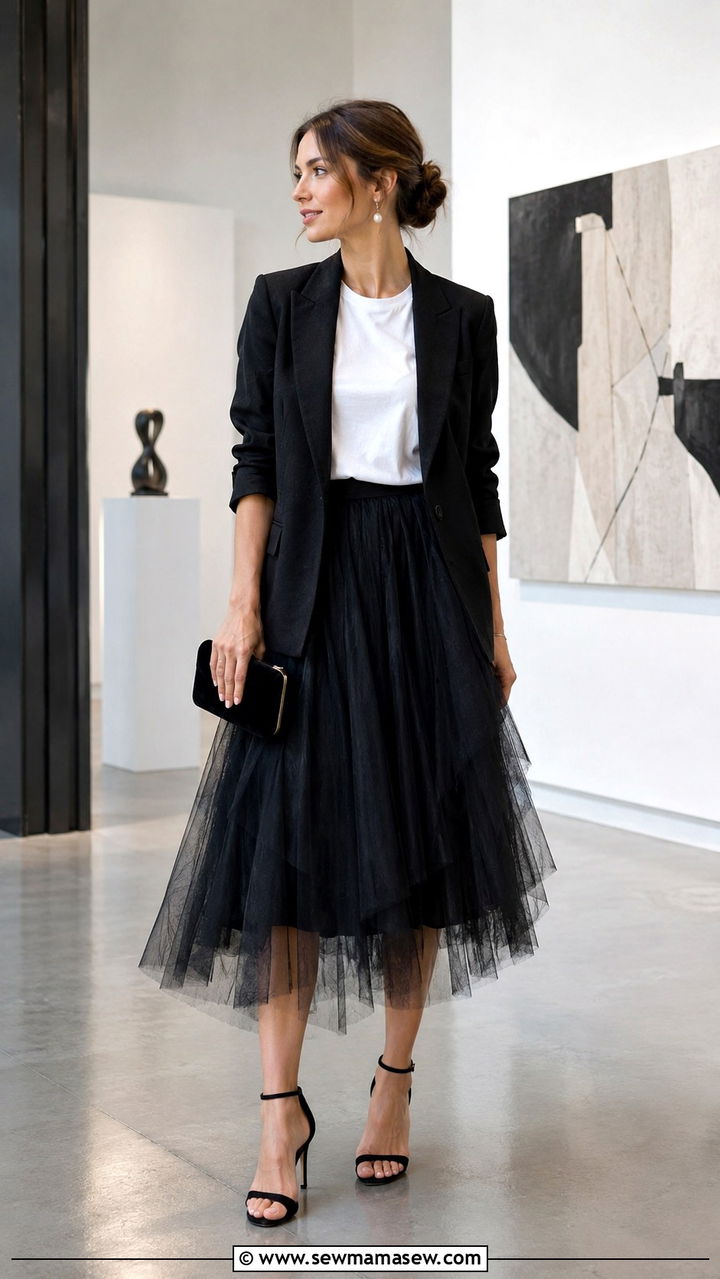 Linen Blazer With Tulle Midi Skirt Outfit - 30 Linen blazer outfit ideas with a skirt