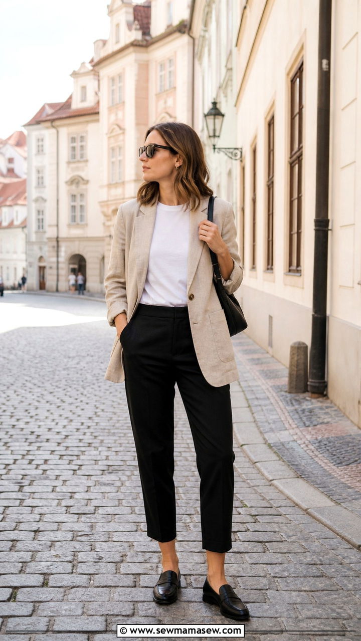 Linen Blazer With White Tee And Cropped Trousers For Prague - 40 What to wear in Prague