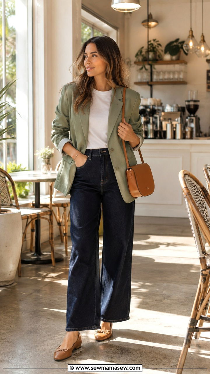 Linen Blazer With White Tee and Dark Denim - 30 transitional business casual outfits