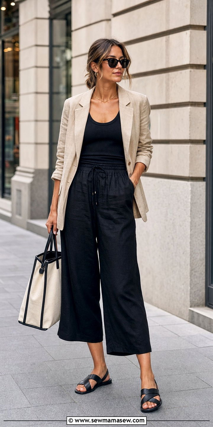 Linen Blazer with Culottes and a Fitted Tank - 25 summer linen blazer outfit ideas