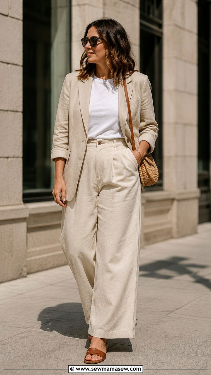 Linen Blazer with High Waisted Trousers Outfit - 30 casual outfits for midsize women