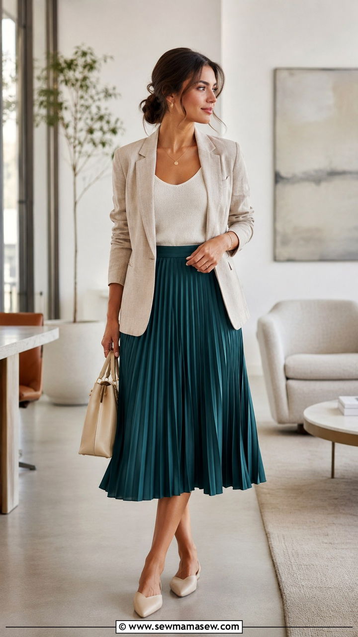 Linen Blazer with Pleated Midi Skirt - 30 Linen blazer outfit ideas for work