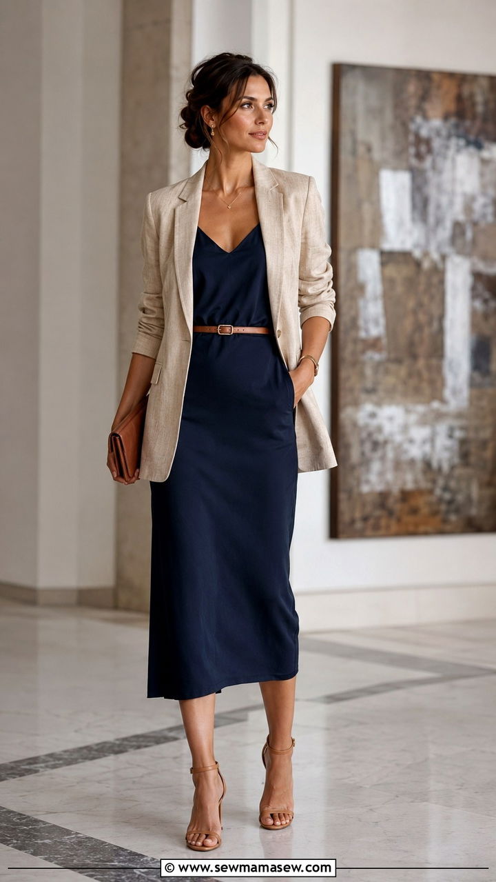 Linen Blazer with Slip Dress Layering - 30 Linen blazer outfit ideas for work