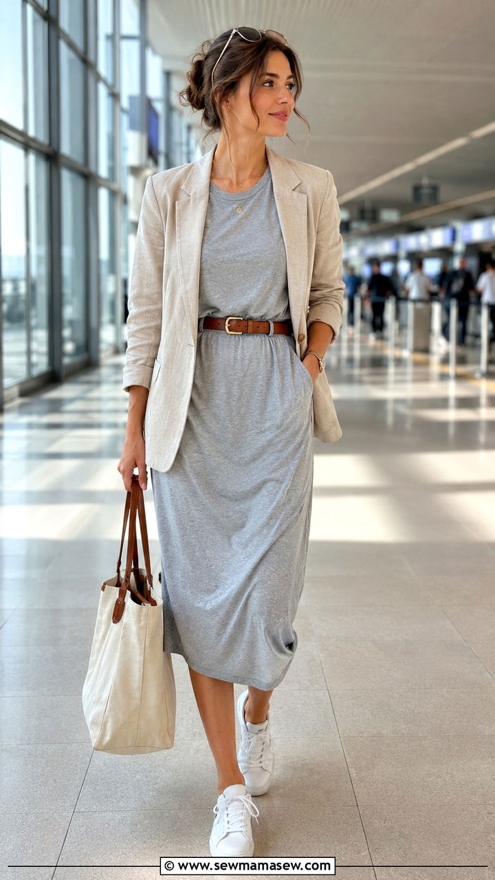 Linen Blazer with T Shirt Dress and White Sneakers - 30 Linen blazer outfit ideas with a t-shirt