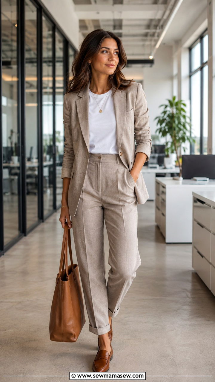 Linen Blazer with Trousers and Loafers - 30 Linen blazer outfit ideas for work