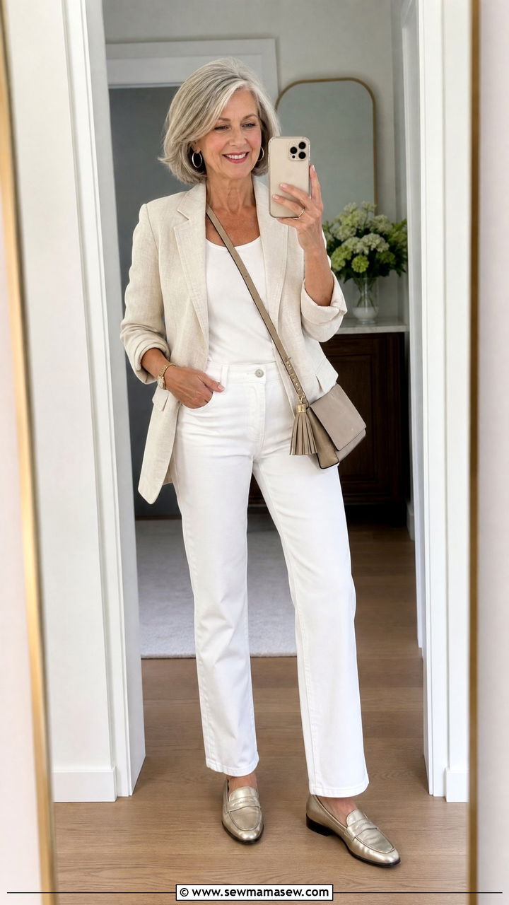 Linen Blazer with White Jeans - 20 Brunch outfit ideas for women over 60