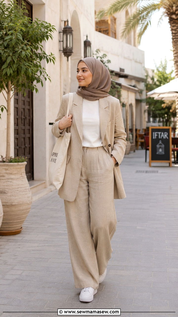 Linen Blazer with Wide Leg Trousers - 20 Modest outfit ideas for iftar