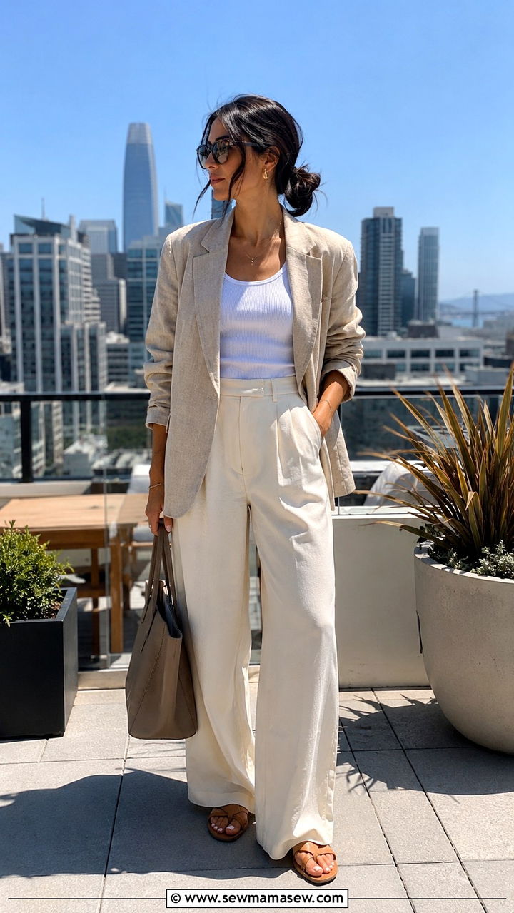 Linen Blazer with Wide Leg Trousers Brunch Outfit - 30 Brunch outfit ideas Bay Area