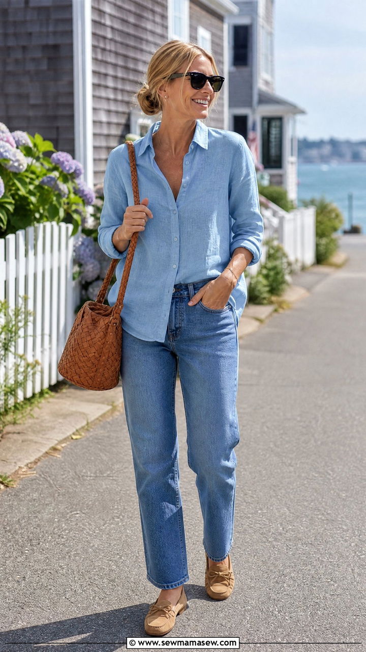 Linen Blend Collared Shirt with Straight Leg Jeans - 30 Coastal grandmother summer outfits