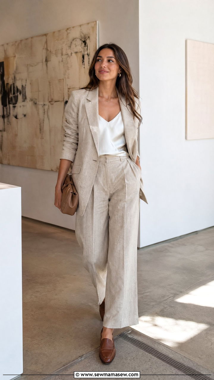 Linen Blend Relaxed Suit With Silk Camisole And Loafers - 35 Dressy casual wedding guest outfit ideas