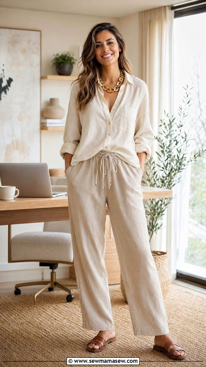 Linen Blend Shirt With Drawstring Pants And Statement Jewelry - 30 Zoom meeting outfit ideas