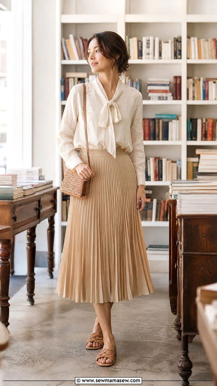 Linen Blouse And Pleated Midi Skirt Outfit - 25 light academia outfits 2026
