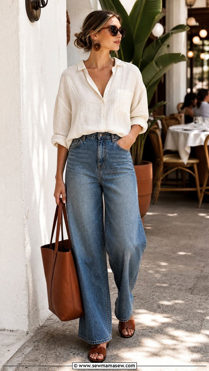 Linen Blouse with Wide Leg Jeans and Flat Sandals - 30 summer wide leg jeans outfit ideas