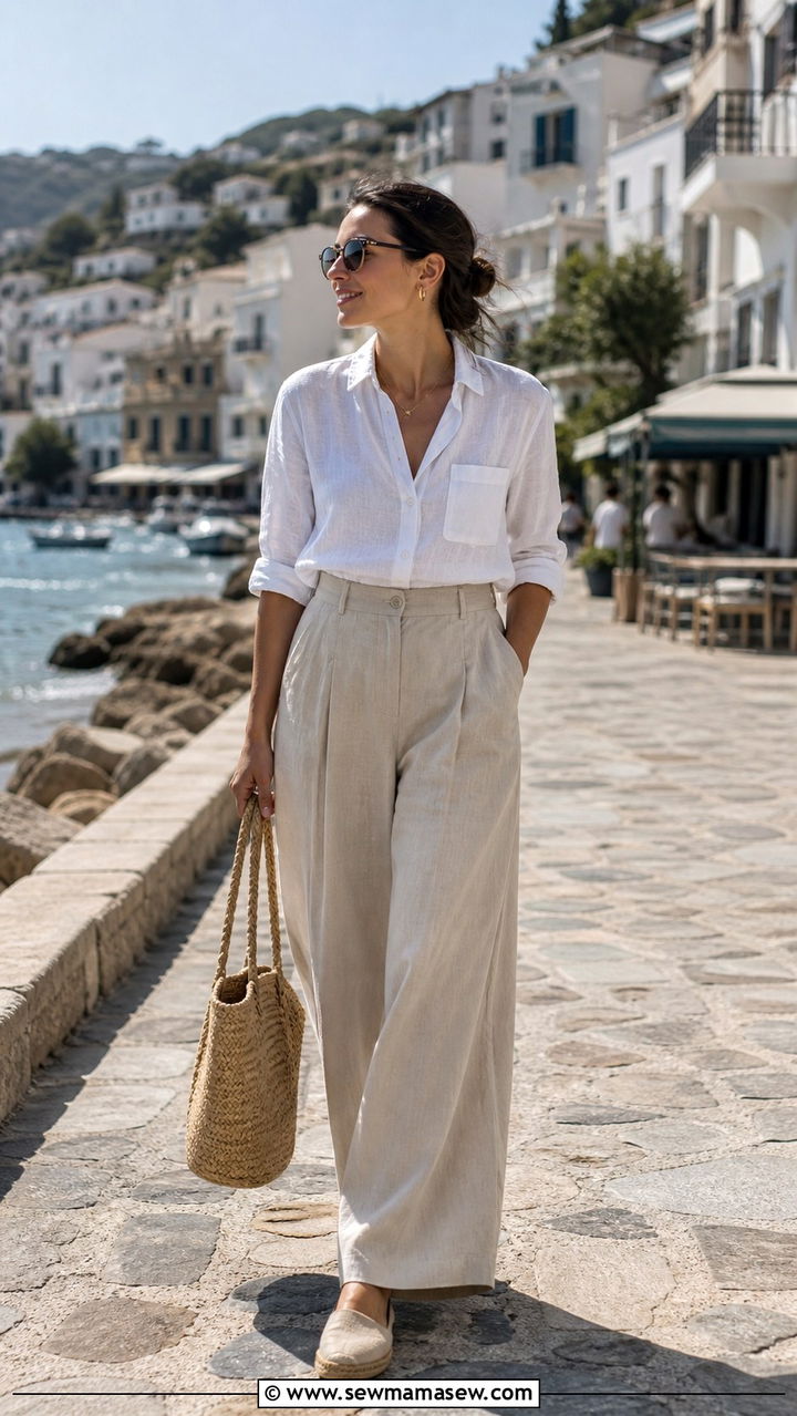 Linen Button Down And Wide Leg Linen Trousers With Espadrilles - 40 casual travel outfits