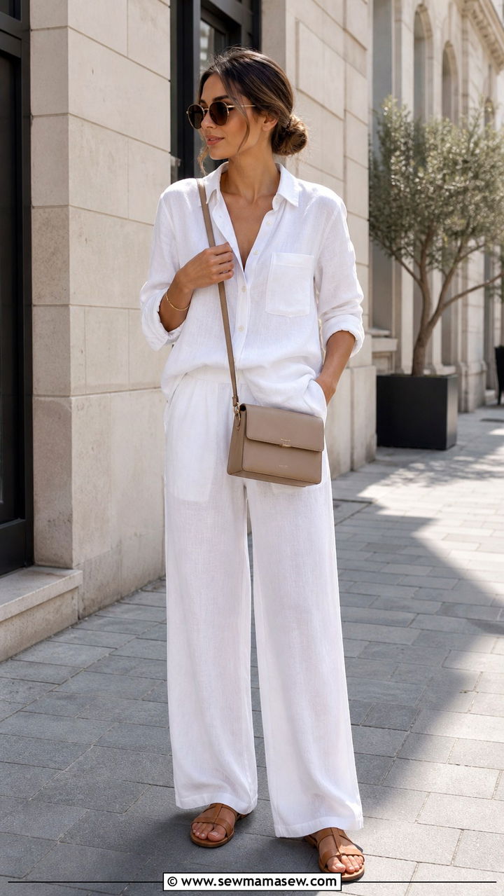 Linen Button Down Co Ord Set with Minimalist Sandals - 40 summer cute outfit ideas