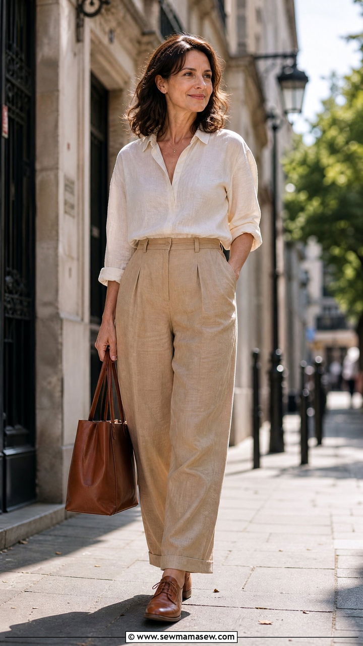 Linen Button Down Outfit with High Waisted Trousers and Oxford Shoes - 25 light academia outfit ideas for women over 40