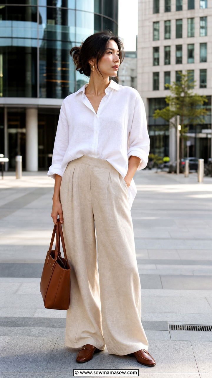 Linen Button Down Shirt And Palazzo Pants Outfit - 30 summer palazzo pants outfit ideas