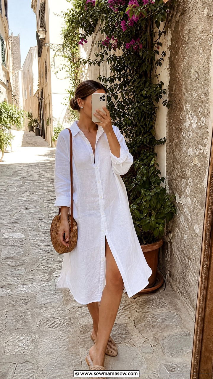 Linen Button Down Shirt Dress and Flat Mules - 25 Italy outfits aesthetic