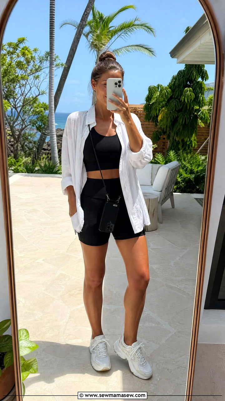Linen Button Down Shirt With Biker Shorts Hawaii Casual Outfit - 30 Hawaii packing list outfits