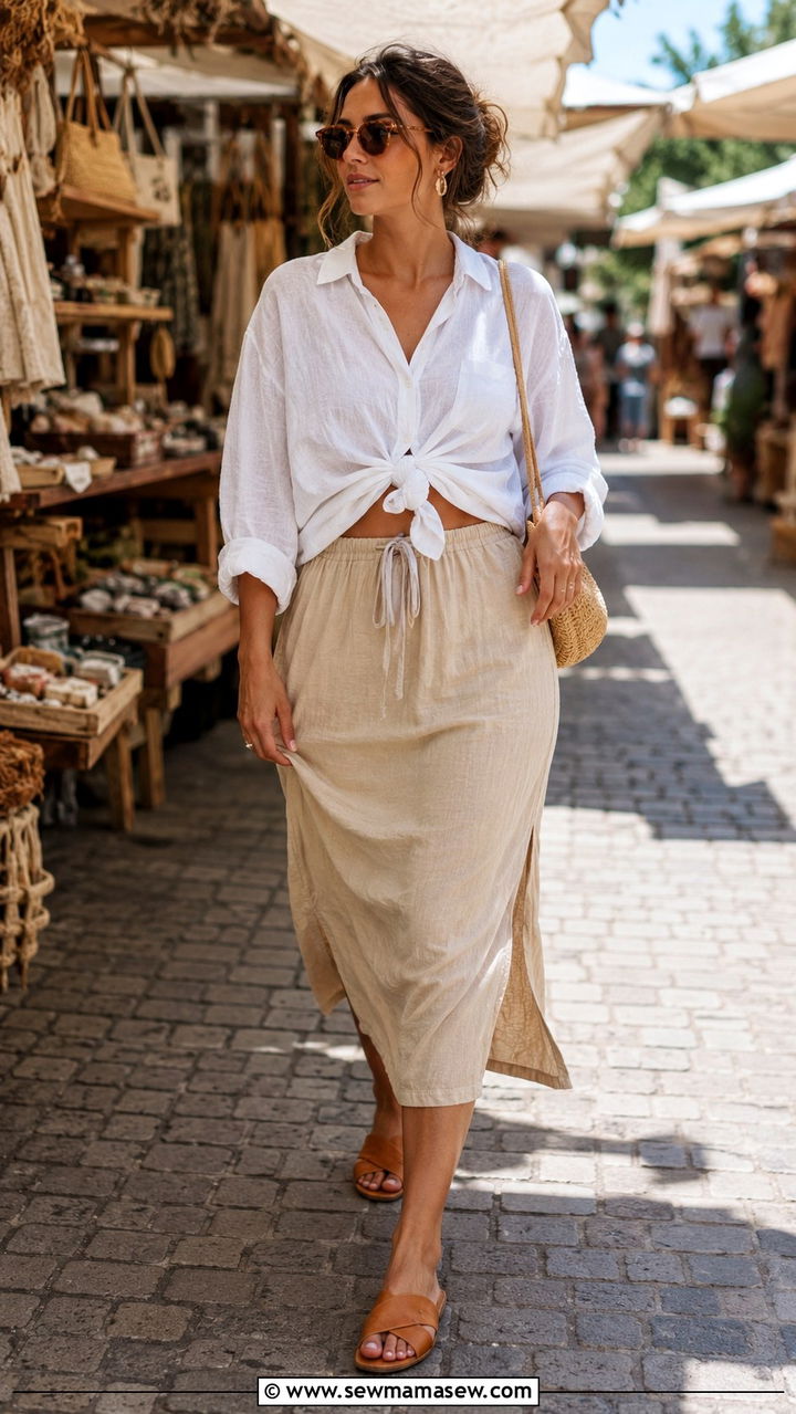 Linen Button Down Shirt With Drawstring Midi Skirt - 25 Outfit ideas for pear shape summer