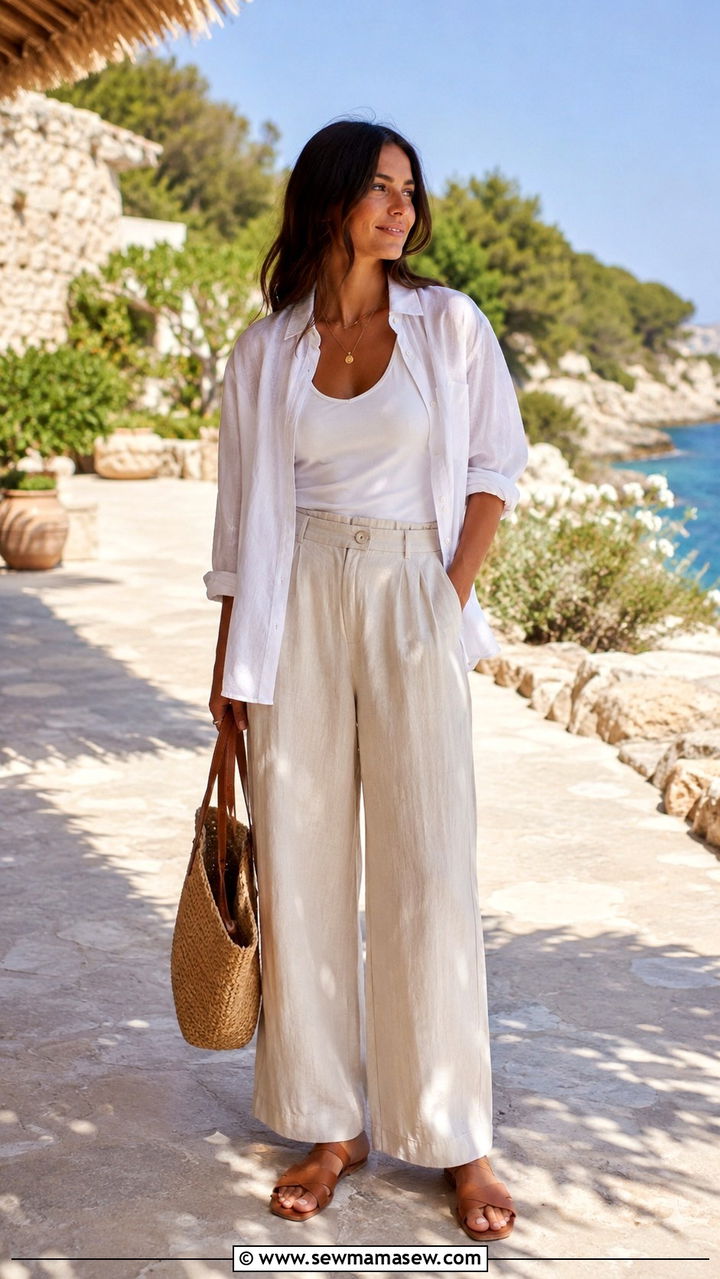 Linen Button Down Shirt With Linen Trousers And Slide Sandals - 30 Warm day cold night outfits
