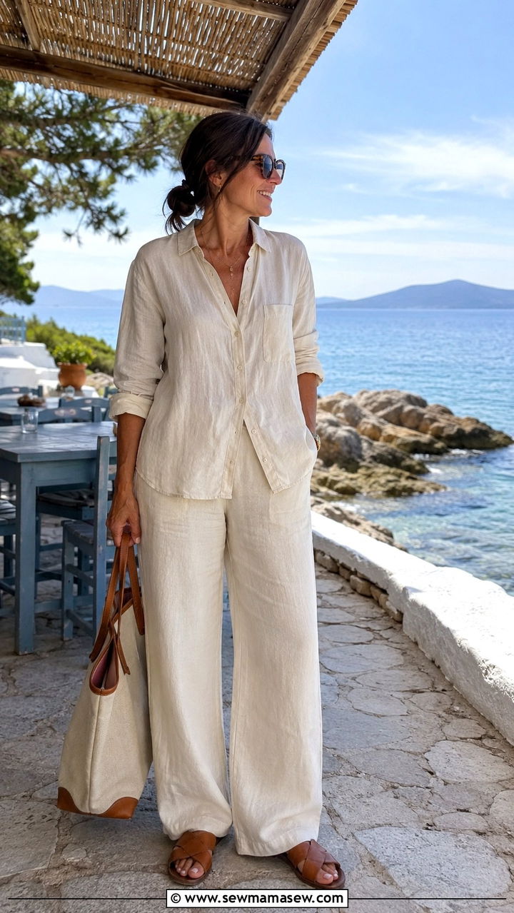 Linen Button Down Shirt With Linen Trousers and Slide Sandals - 30 Capsule wardrobe women over 40