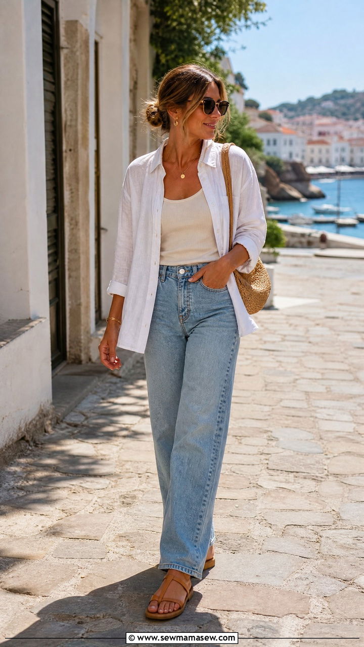 Linen Button Down Shirt With Relaxed Denim And Flat Sandals - 30 Elevated mom outfit ideas