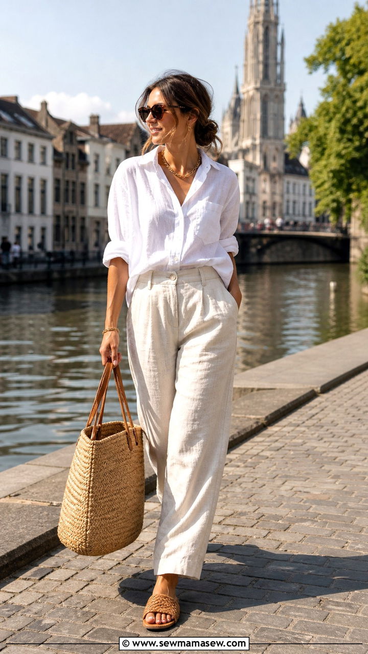 Linen Button Down Shirt With Relaxed Linen Trousers And Woven Sandals - 20 Antwerp outfit ideas