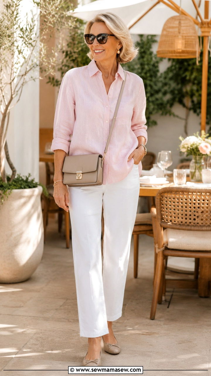 Linen Button Down Shirt With White Straight Leg Pants - 25 Outfit ideas for women over 50 2026
