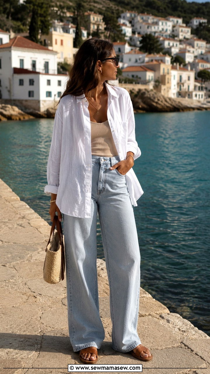 Linen Button Down Shirt With Wide Leg Jeans And Sandals - 30 Quiet luxury outfit ideas with jeans