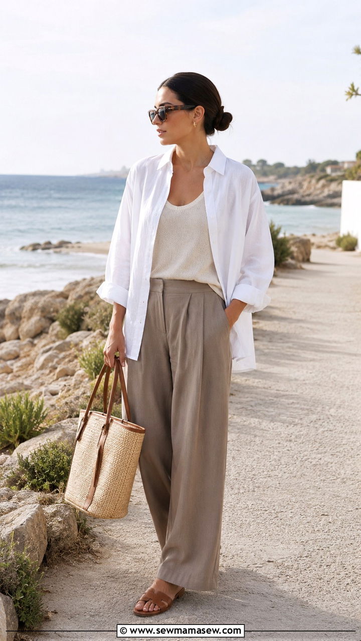 Linen Button Down Shirt With Wide Leg Trousers - 25 Modest outfit ideas for beach