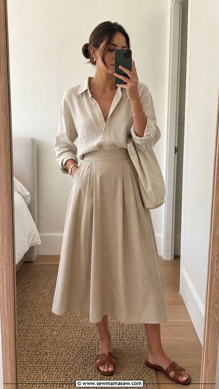 Linen Button Down Shirt and Cotton Midi Skirt Outfit - 30 Summer outfits with midi skirts