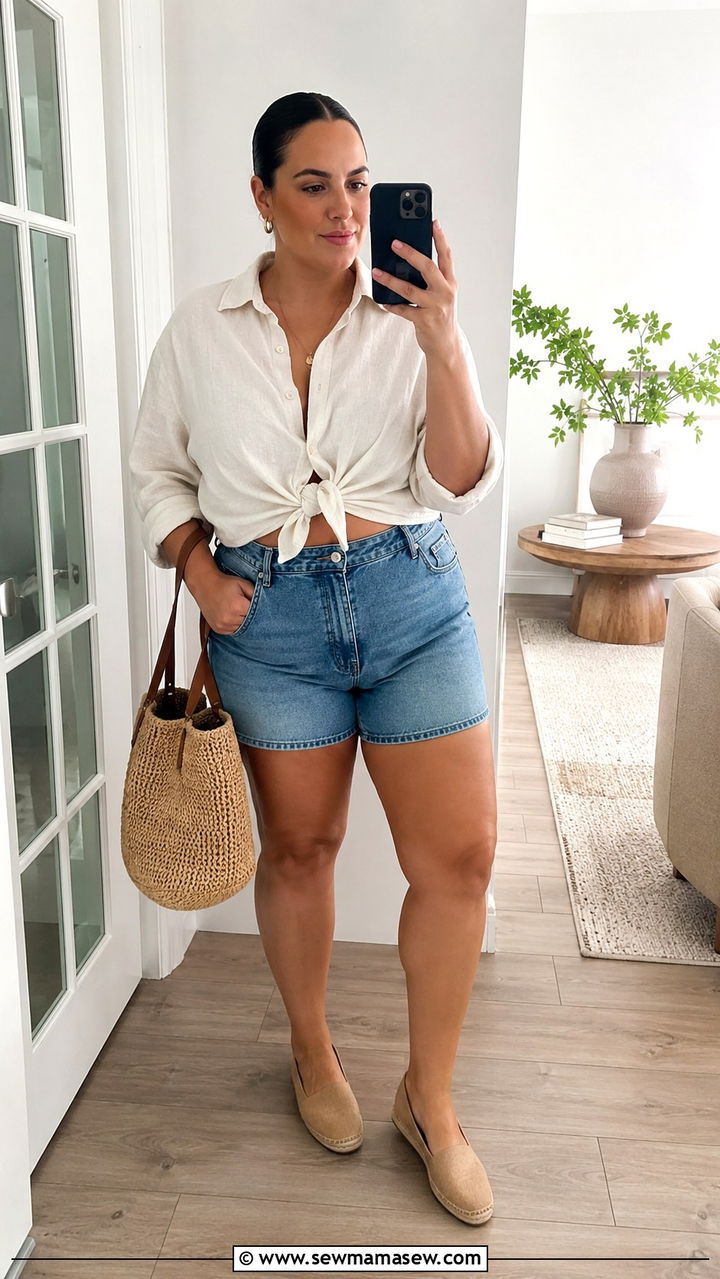 Linen Button Down Shirt with Denim Shorts and Espadrilles - 30 plus size brunch outfit ideas