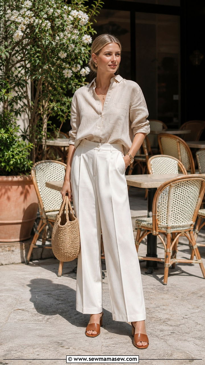 Linen Button Down Shirt with Wide Leg Trousers - 40 First day of spring outfits
