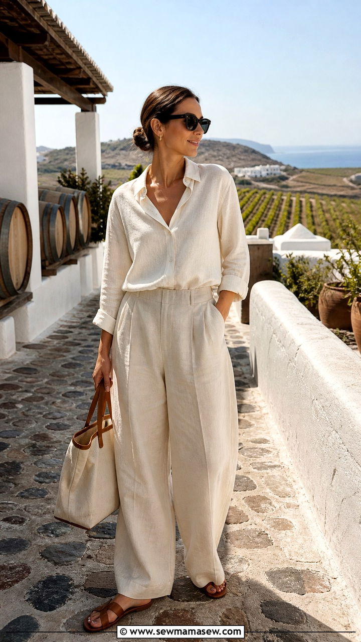 Linen Button Down Shirt with Wide Leg Trousers - 40 What to wear in Santorini