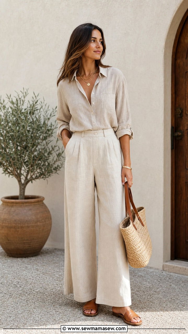 Linen Button Down Shirt with Wide Leg Trousers - 25 Dressy casual summer outfit ideas 2026