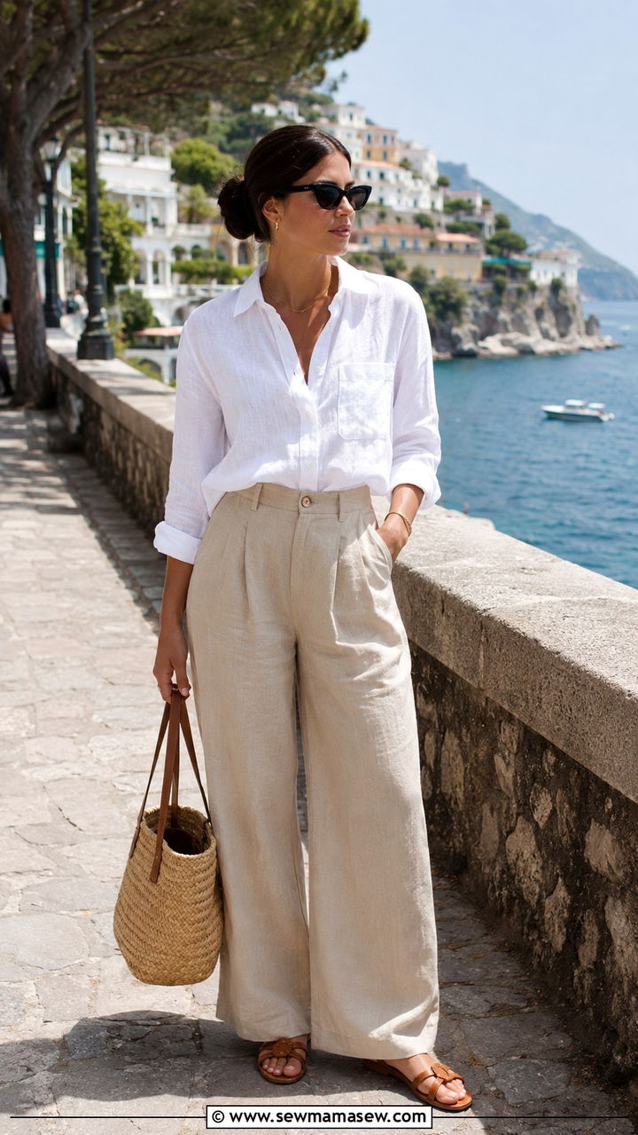 Linen Button Down Shirt with Wide Leg Trousers - 25 transitional vacation outfit ideas