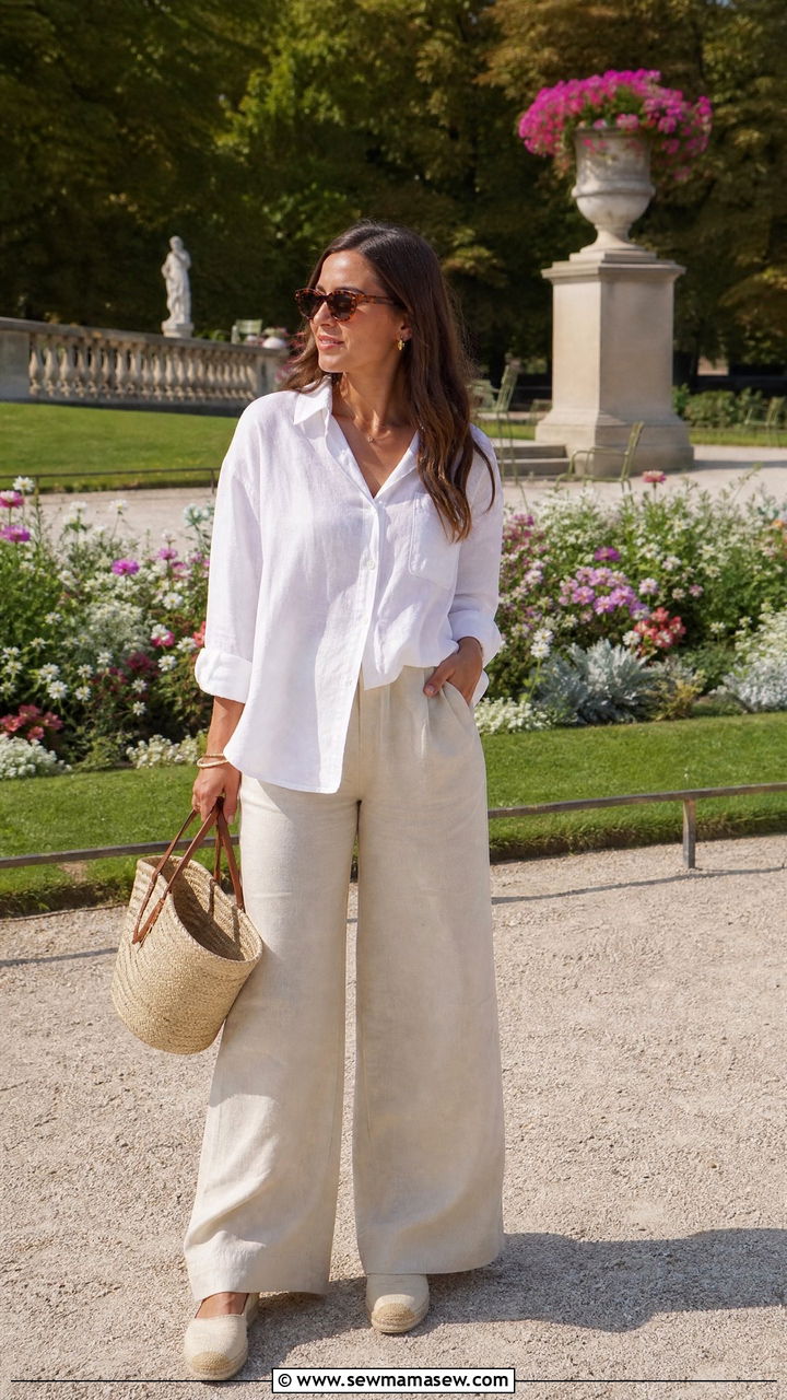 Linen Button Down Shirt with Wide Leg Trousers and Espadrilles - 25 Paris packing list outfits