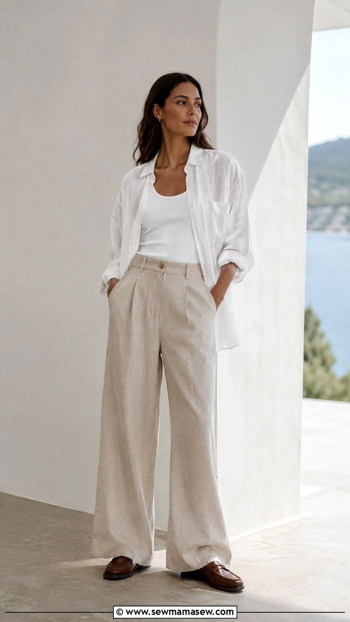 Linen Button Down Shirt with Wide Leg Trousers and Loafers - 20 Summer outfits for 60 degree weather