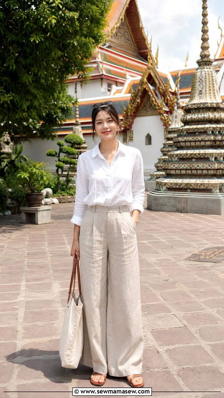 Linen Button Down Shirt with Wide Leg Trousers for Temples - 40 What to wear in Bangkok