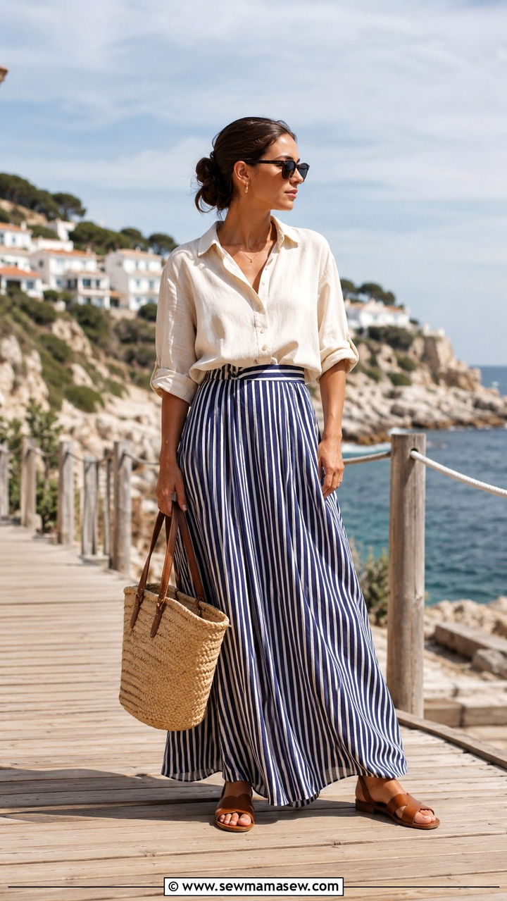 Linen Button Down With A Striped Maxi Skirt Outfit - 30 how to style maxi skirt outfits