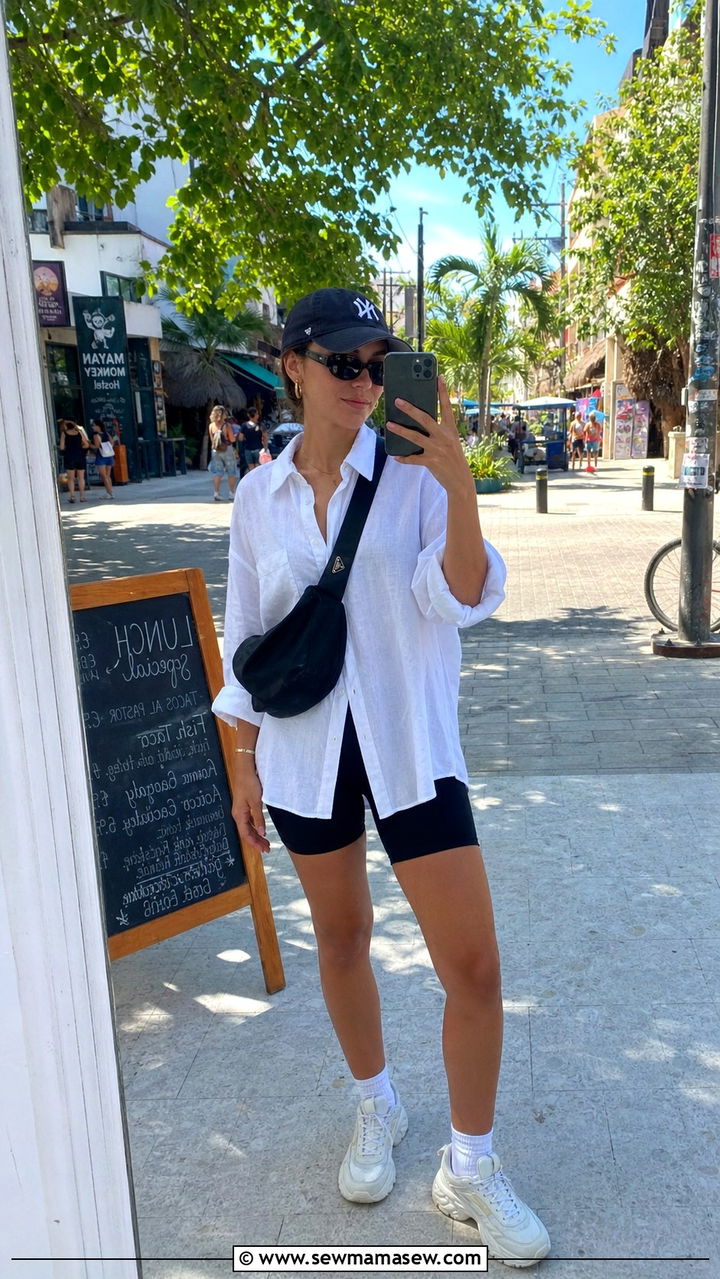 Linen Button Down With Bike Shorts And Chunky Sneakers - 40 What to wear in Playa del Carmen