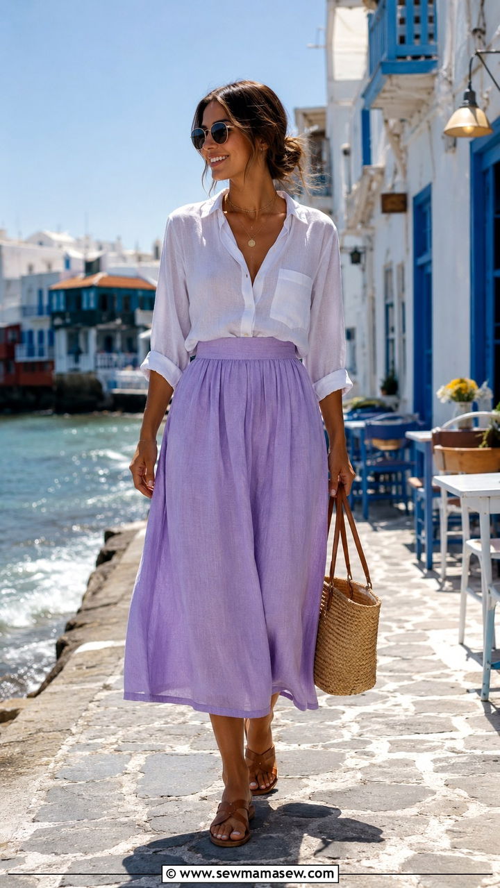 Linen Button Down With Cotton Midi Skirt - 30 Midi skirt outfit ideas with a button down